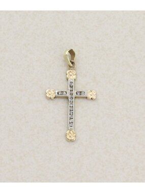 Pendant Only 14K White & Yellow Gold Diamond Cross Pendant 1 1/4" x 5/8" inch